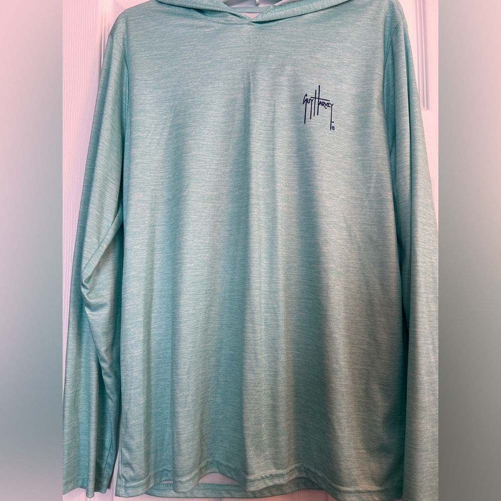 Guy Harvey Hoodie Men’s Medium Aqua Blue Long Sleeve Fishing Performance Top